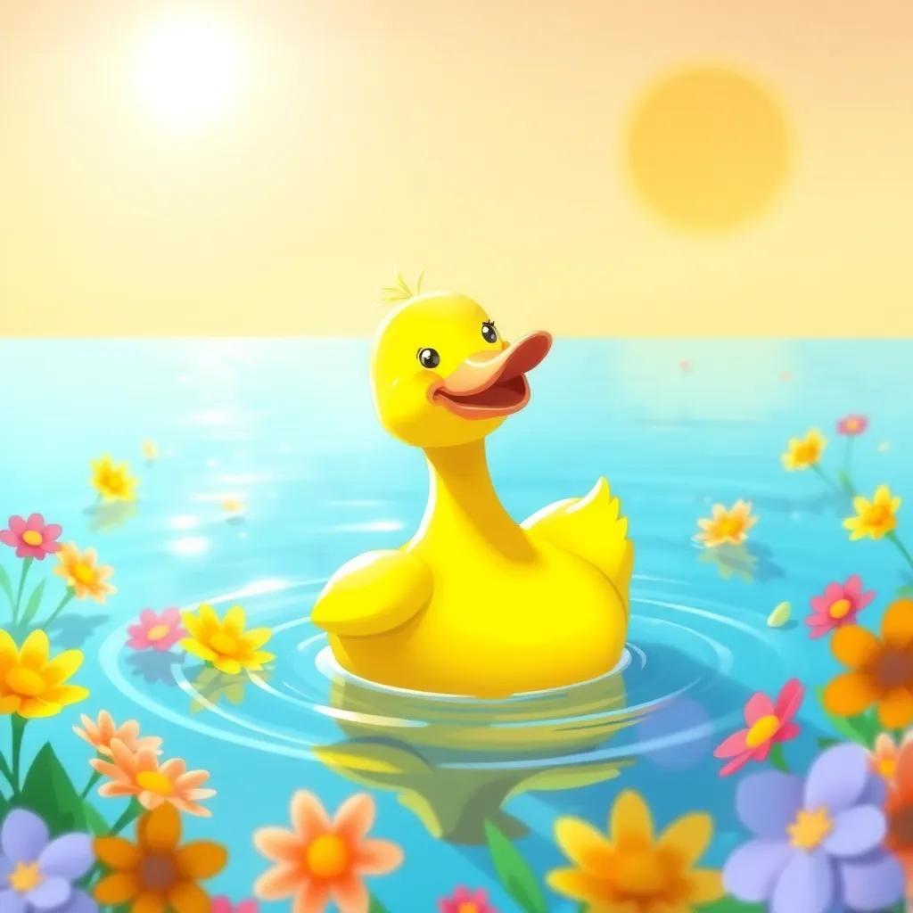 Un pato llamado Patito, un pato amarillo feliz, nadando en un lago brillante bajo un sol radiante, rodeado de flores de muchos colores, estilo alegre, ilustración infantil, colores vibrantes, perspectiva cálida y alegre, calidad alta