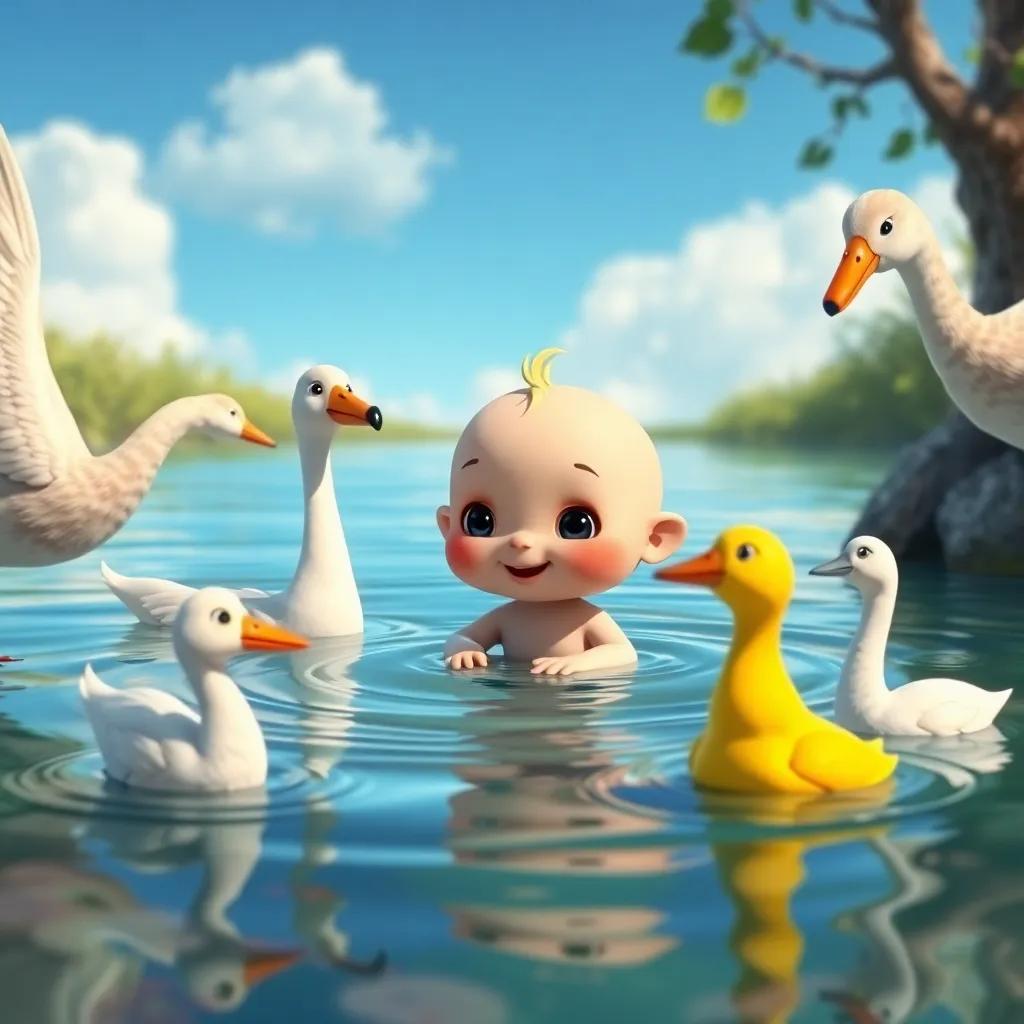 Patito nadando en la orilla, organizando a sus amigos animales: ranas saltarinas, peces sonrientes, bajo un cielo azul, digital art, detallado, vibrante, perspectiva encantadora, calidad alta