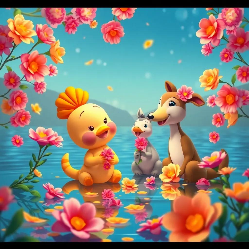 Patito y los animales recogiendo flores y cintas de colores, un lago decorado con flores rosadas y amarillas, un ambiente festivo, ilustración amigable, colores alegres, perspectiva feliz, calidad alta
