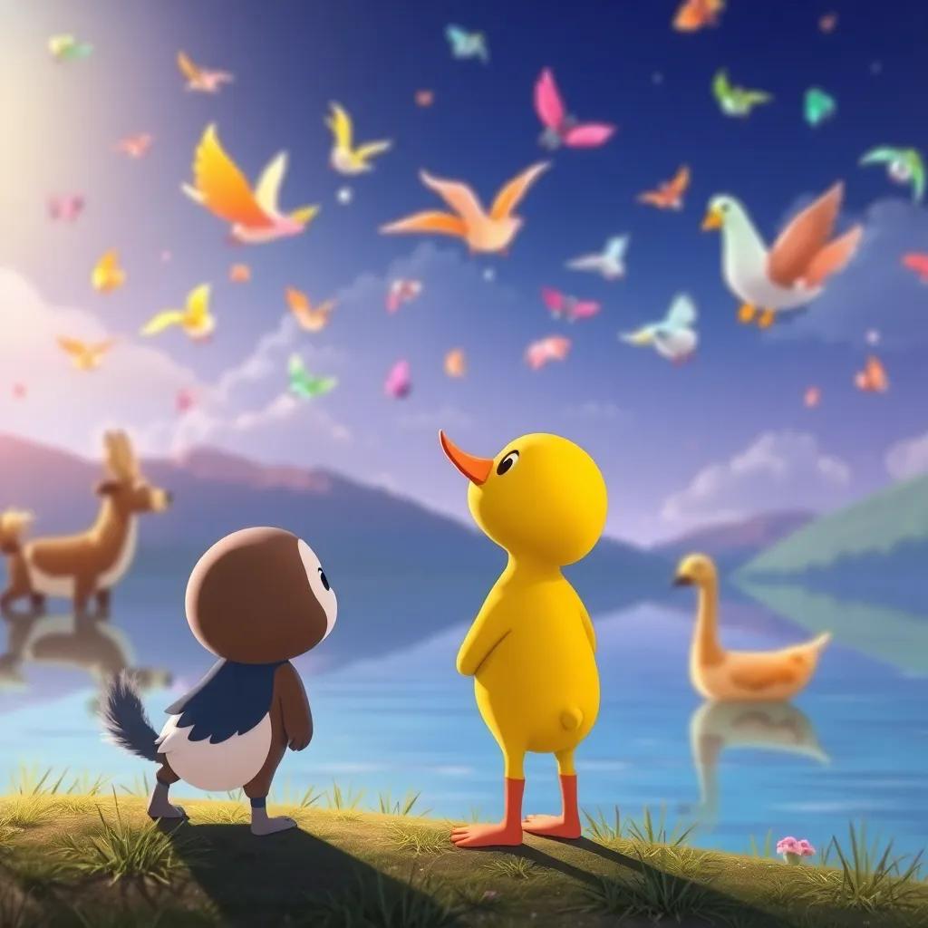 Patito observando a los animales que traen cintas de colores, con cintas volando en el viento, un lago festivo detrás, ilustración colorida, atmosfera animada, calidad alta