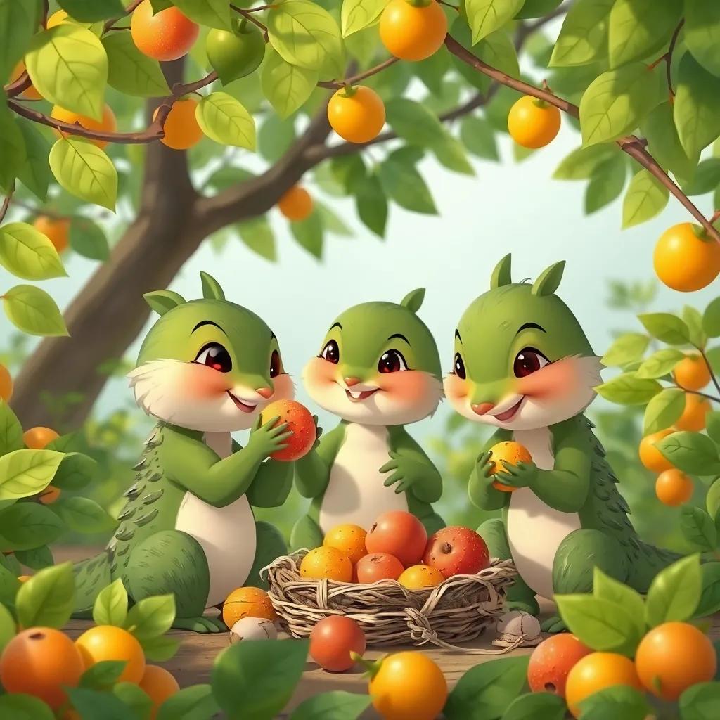 Patito y las ardillas recogiendo nueces y frutas, un entorno lleno de árboles y hojas verdes, con una sonrisa en sus rostros, ilustración alegre, estilo cálido, calidad alta, escena amigable