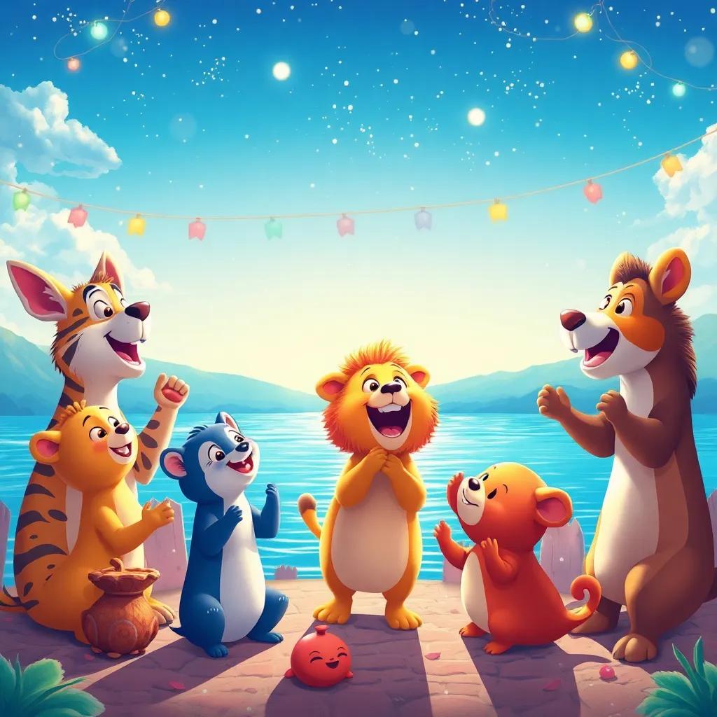 Los animales disfrutando del festival, cantando y bailando alrededor del lago, bajo un cielo azul y brillante, con una atmósfera alegre y colorida, ilustración de celebración, calidad alta