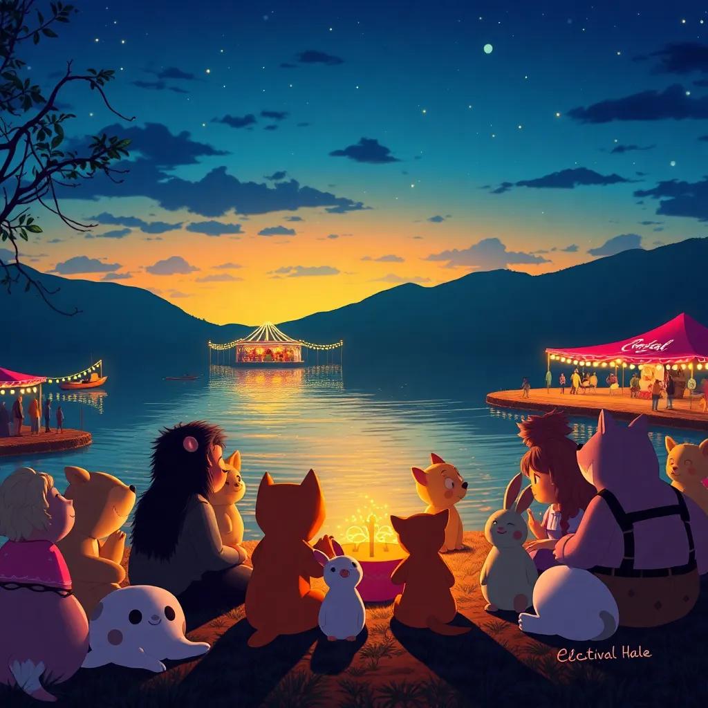 El festival de colores al atardecer, con luces suaves sobre el lago decorado, todos los animales sentados juntos, compartiendo historias y risas, ilustración memorable, perspectiva cálida, calidad alta