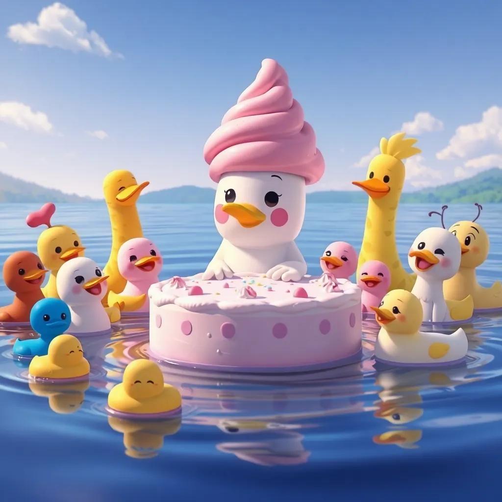 Patito con todos sus amigos, un gran pastel en el centro del lago, rodeado de amigos felices, colores cálidos, estilo encantador, detalle amigable, calidad alta