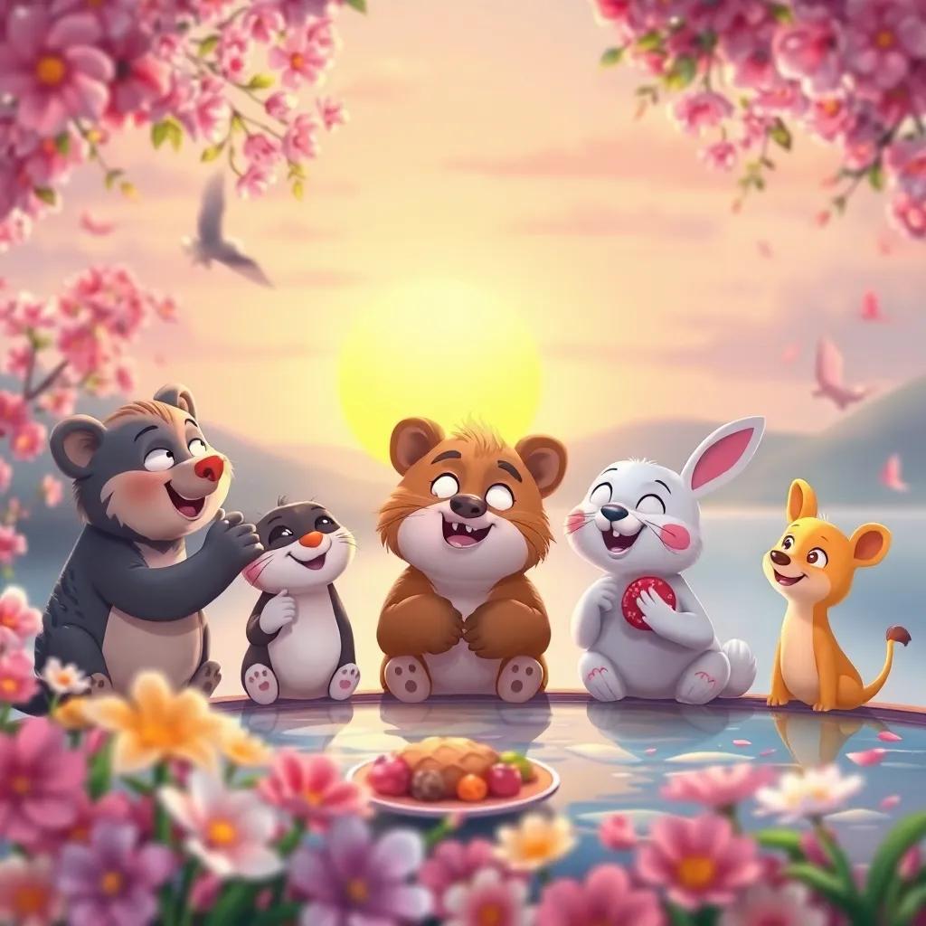 Los animales disfrutando de las delicias, un fondo de flores brillantes y un lago que refleja el atardecer, ilustración feliz, atmosfera mágica, calidad alta