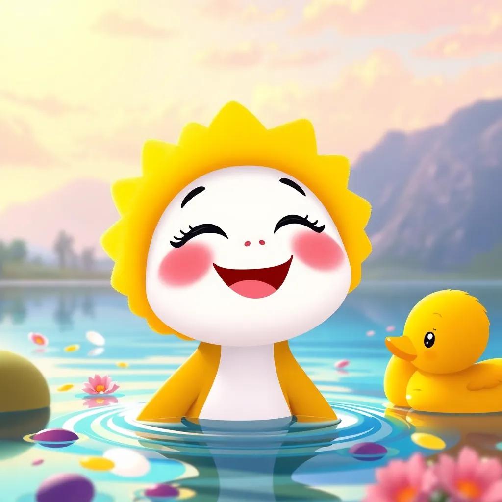 Patito, sonriendo con felicidad, mirando a todos sus amigos, un paisaje de colores brillantes en el lago educado, ilustración amigable, estilo alegre, calidad alta