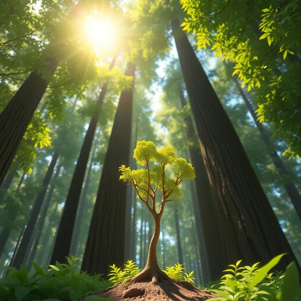 A small tree, Tilo, looking up at tall trees in the forest, surrounded by vibrant green leaves, bright sun shining down, cheerful and hopeful, digital art, colorful, warm light, inviting atmosphere, high quality
