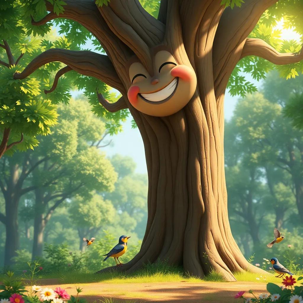 A big oak tree smiling down at Tilo, a small tree, in a sunny forest, with birds chirping and flowers blooming around, friendly interaction, digital painting, bright colors, heartwarming, high detail