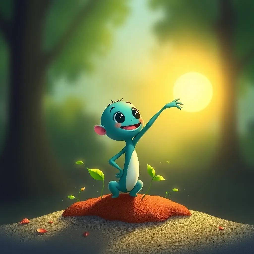 Tilo trying to stretch towards the sun, tiny leaves fluttering in the wind, little brown dirt around its roots, a sense of determination, illustration, cheerful, vivid colors, child-friendly style, high quality