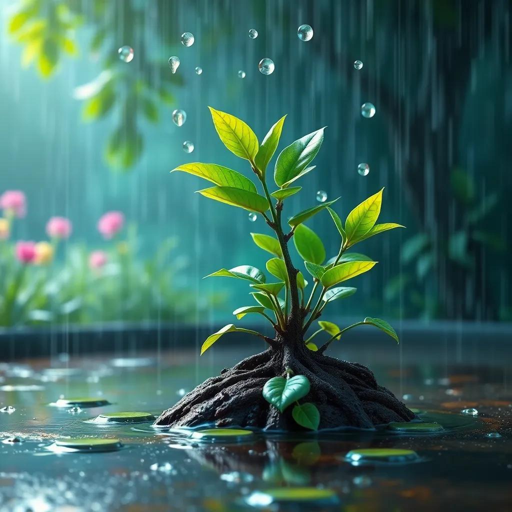 A rainy morning scene with droplets falling on Tilo, a small tree, water nurturing its roots, vibrant atmosphere, small puddles reflecting the green leaves, digital art, colorful, refreshing, uplifting