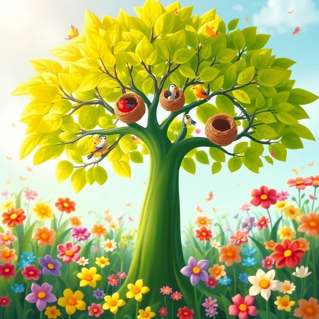 Tilo with bright green leaves and birds making nests on its branches, surrounded by colorful flowers, in the beautiful spring, joyous feeling in the air, children's illustration, playful, vibrant colors, high resolution