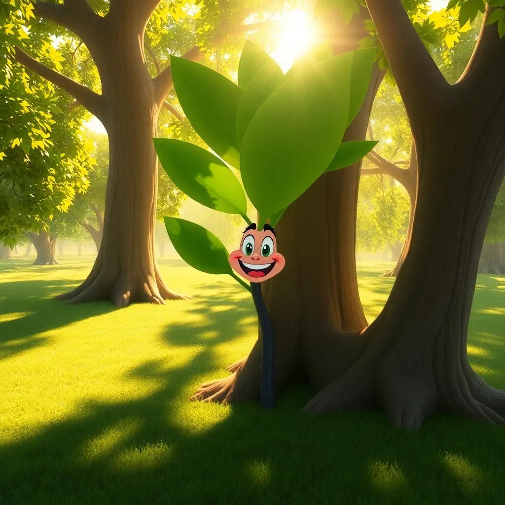 Tilo with a bigger shadow under it, feeling proud and happy, with other trees smiling around, sunlight breaking through the leaves, warm and friendly, digital art, bright colors, serene atmosphere, high quality