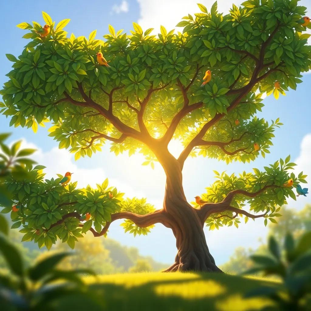 A view of Tilo as a beautiful tree with rich green leaves, singing birds on its branches, sunlight casting golden rays, showcasing growth and happiness, illustration, colorful, inviting, child-friendly style, vivid detail
