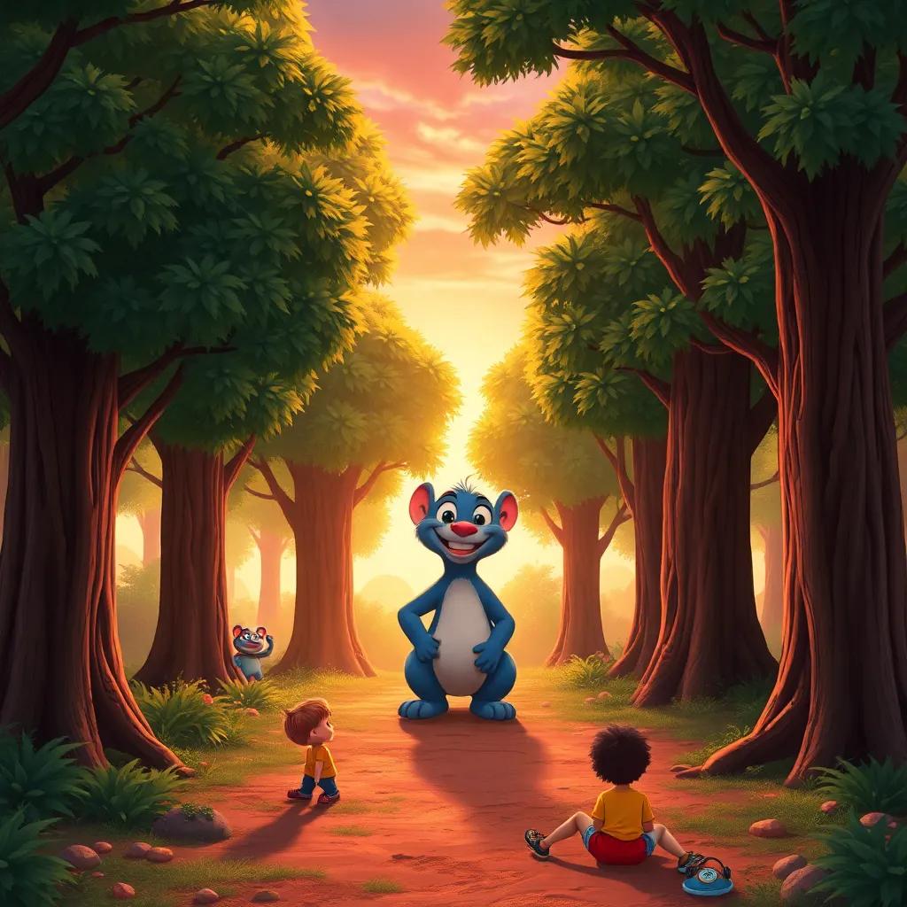 A group of trees in a beautiful forest with Tilo smiling proudly among them, children playing around on the ground, a warm sunset, creating a magical atmosphere, digital painting, colorful, friendly vibe, high quality