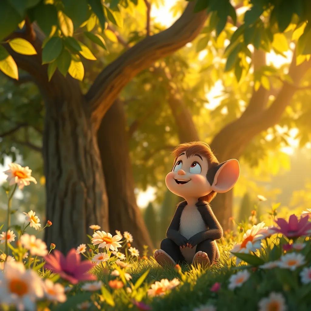Tilo happily reflecting on his journey, surrounded by trees and flowers, with soft golden light filtering through the leaves, creating a peaceful mood, whimsical art, vibrant colors, joyful atmosphere, high resolution