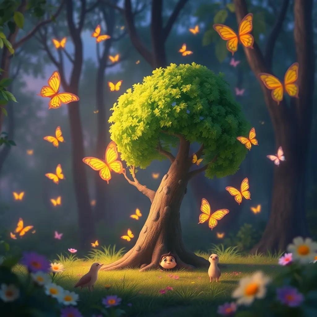 Tilo, a small tree feeling special, surrounded by friends in the forest, with butterflies fluttering around, in a magical twilight scene, digital art, filled with warmth and joy, enchanting and colorful, high quality