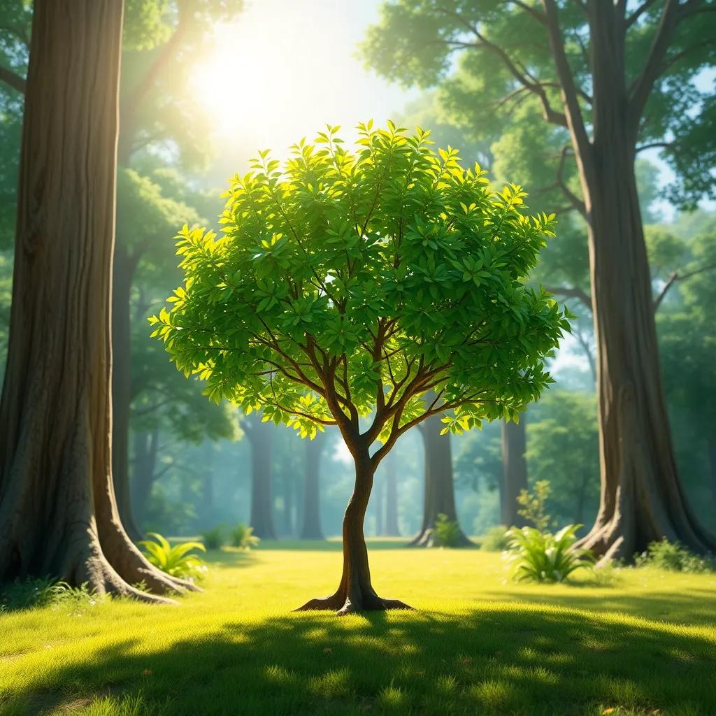 A small tree, Arbo, with green leaves and a small trunk, amidst larger trees in a peaceful forest, showing a bright sun shining above, digital art, cheerful atmosphere, bright colors, beautiful perspective, high quality