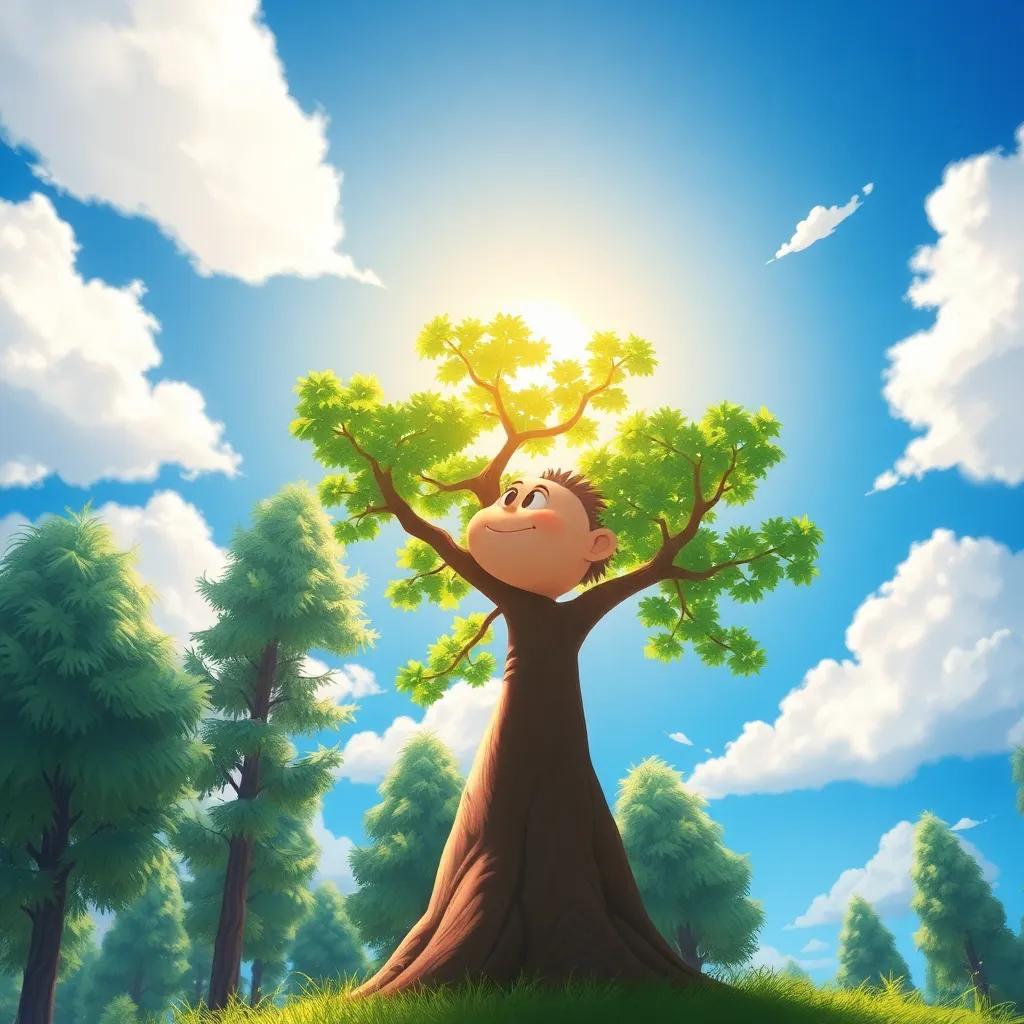 Arbo, the small tree, stretching its branches towards the sun among other trees, with a hopeful expression, surrounded by beautiful blue sky and fluffy clouds, illustration, warm light, vibrant colors, happy perspective, engaging imagery