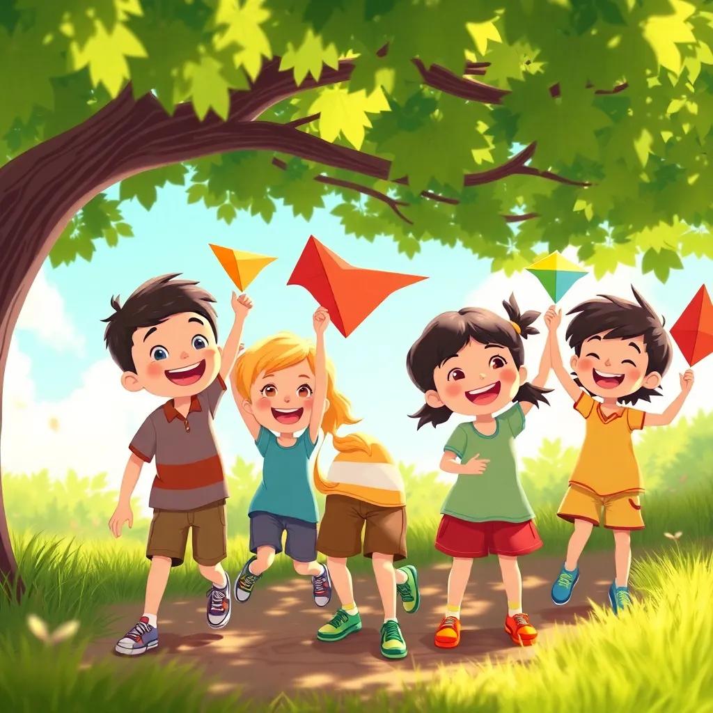 A group of joyful children playing under Arbo's shade, with smiles on their faces, holding colorful kites and enjoying the day, lively illustration, warm light, uplifting atmosphere, playful colors, cheerful perspective
