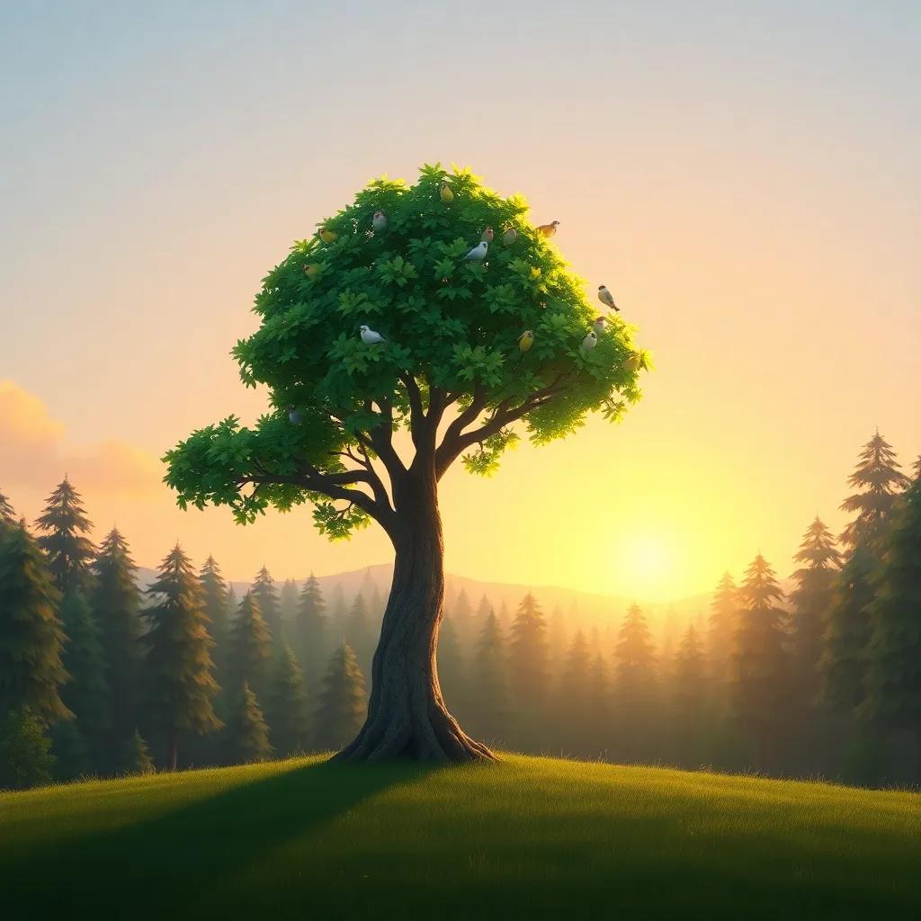 Arbo, the small tree, now a beautiful big tree with lush leaves, full of birds and joy, standing proudly in the forest while the sun sets in the background, digital art, serene colors, heartwarming scene, inspirational view