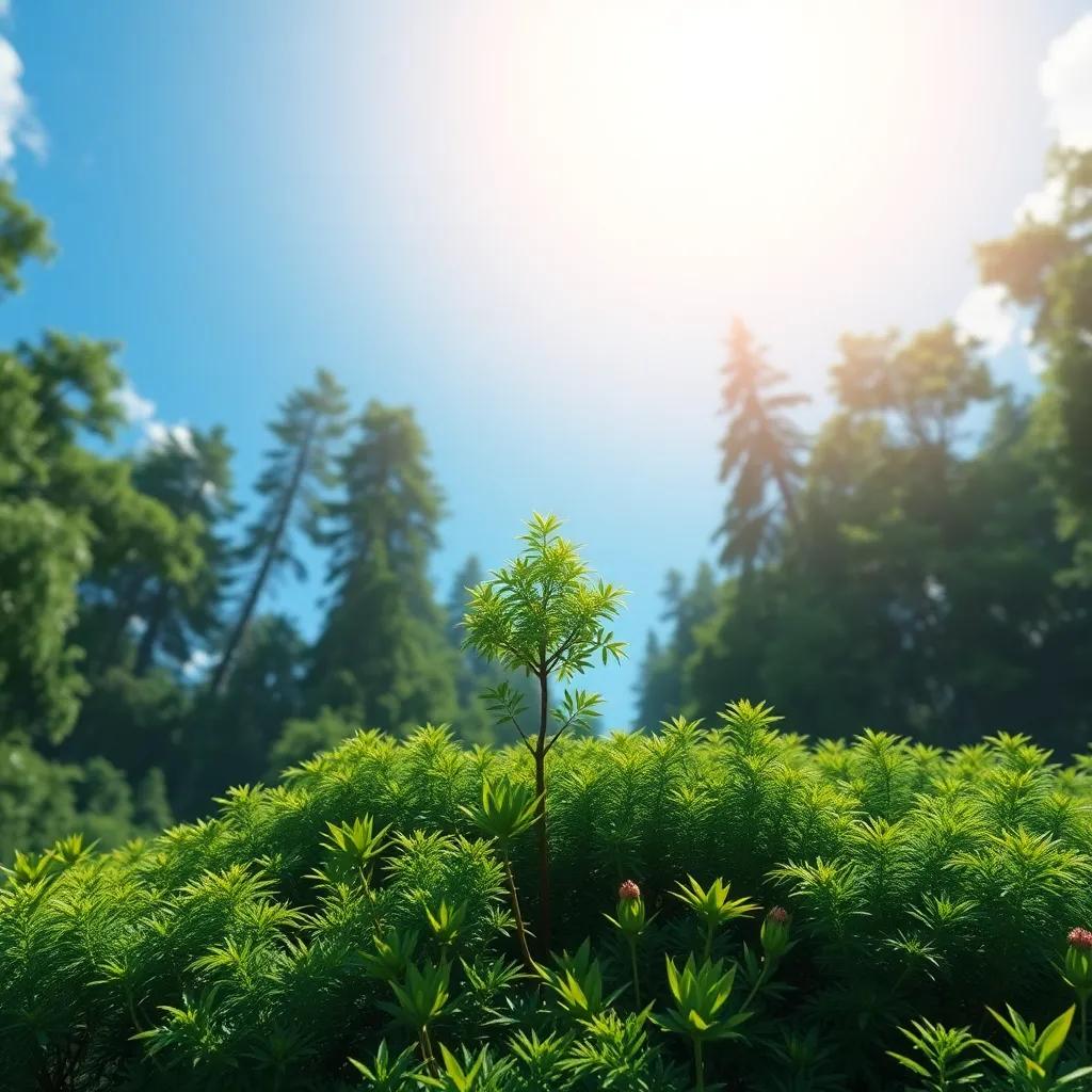 A small tree in a lush green forest, reaching up toward tall trees under a bright blue sky, feeling hopeful and ambitious, digital art, vibrant colors, serene atmosphere, high detail