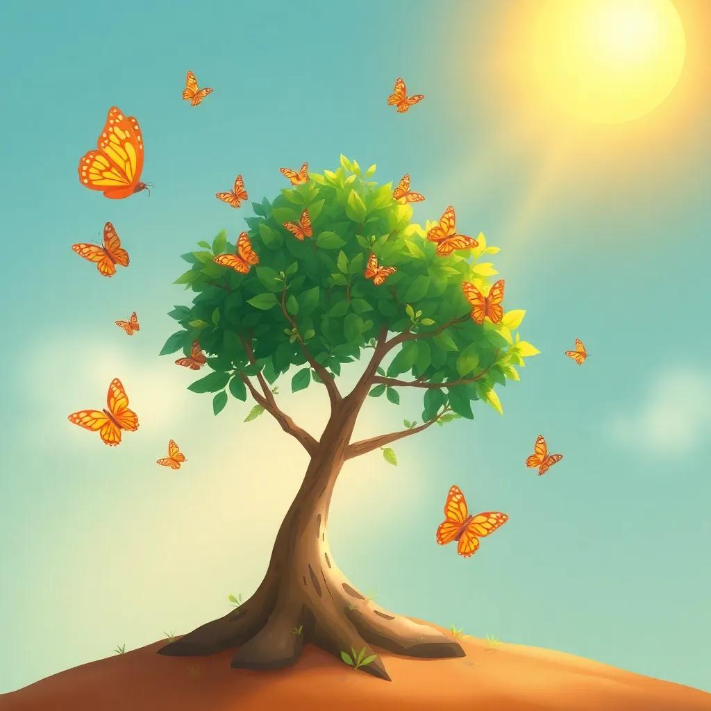 A small tree with tiny green leaves, surrounded by butterflies, with the sun shining down, illustrating patience and encouragement, cheerful illustration, warm colors, friendly feel