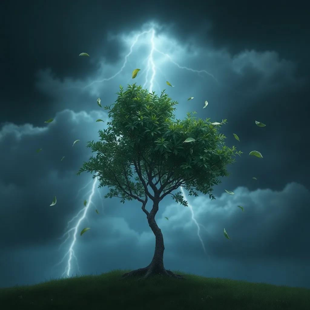 A small tree braving a storm, strong winds blowing leaves, showing resilience and strength, dramatic scene with dark clouds and lightning, high detail, emotional image