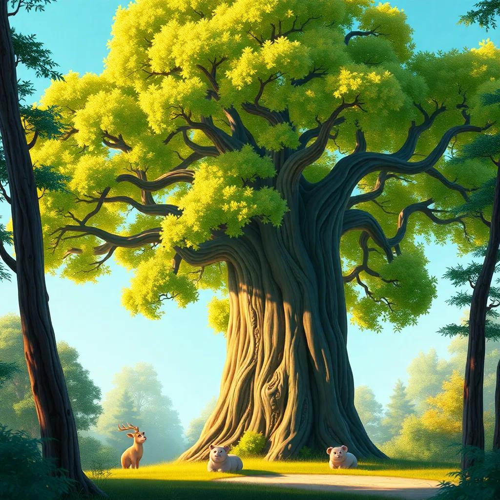 A fully grown tall tree with wide branches and vibrant leaves, standing proudly in the forest, animals resting in the shade, sunny atmosphere, peaceful, colorful and cheerful image