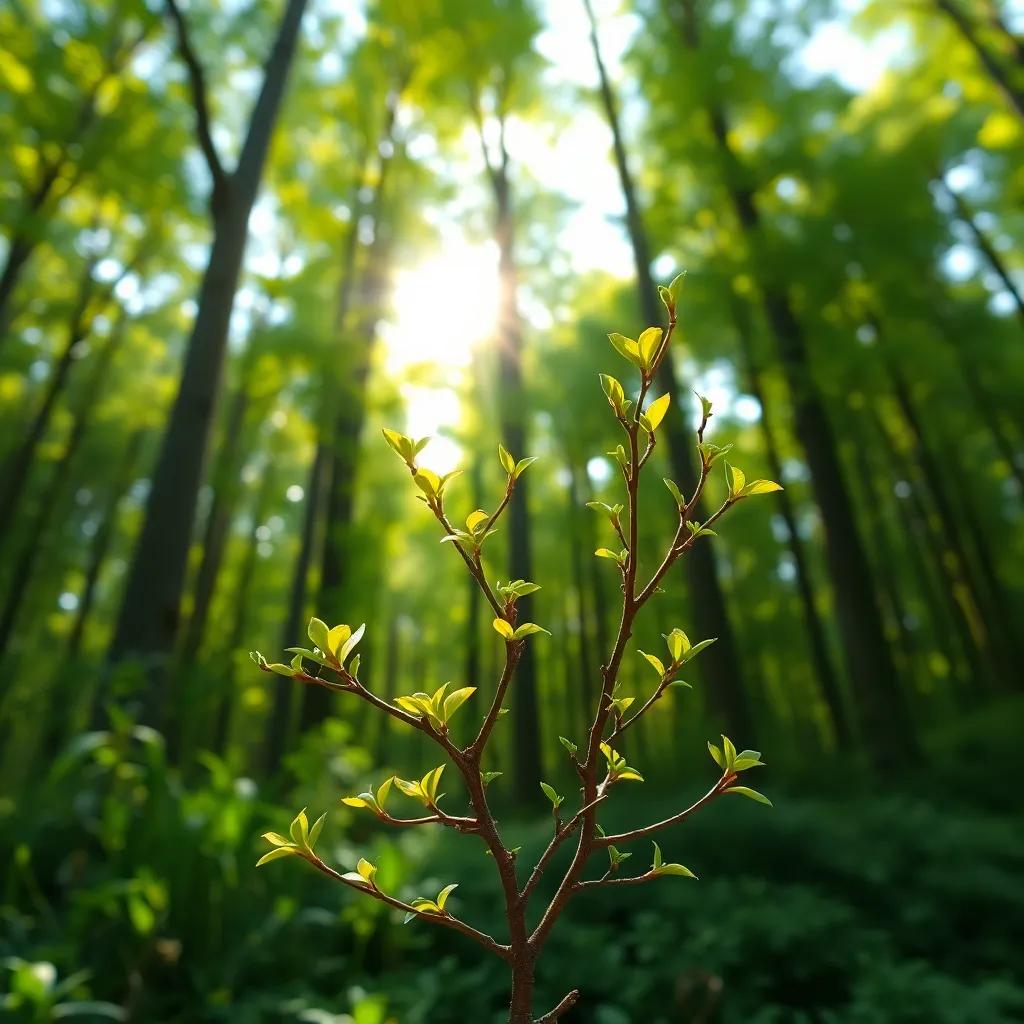 A small tree, with delicate branches and young leaves, in a lush green forest, looking up at tall trees, beautiful sunlight filtering through leaves, digital art, vibrant colors, serene and inviting atmosphere, high quality
