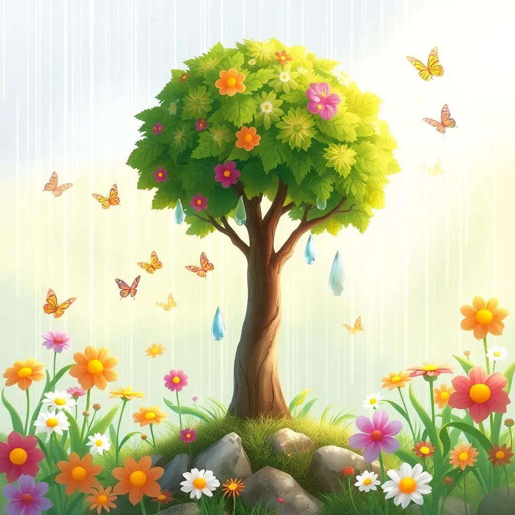 The small tree drinking raindrops, surrounded by colorful flowers and butterflies fluttering around, soft sunlight shining down, cheerful and uplifting, child-friendly illustration, high quality