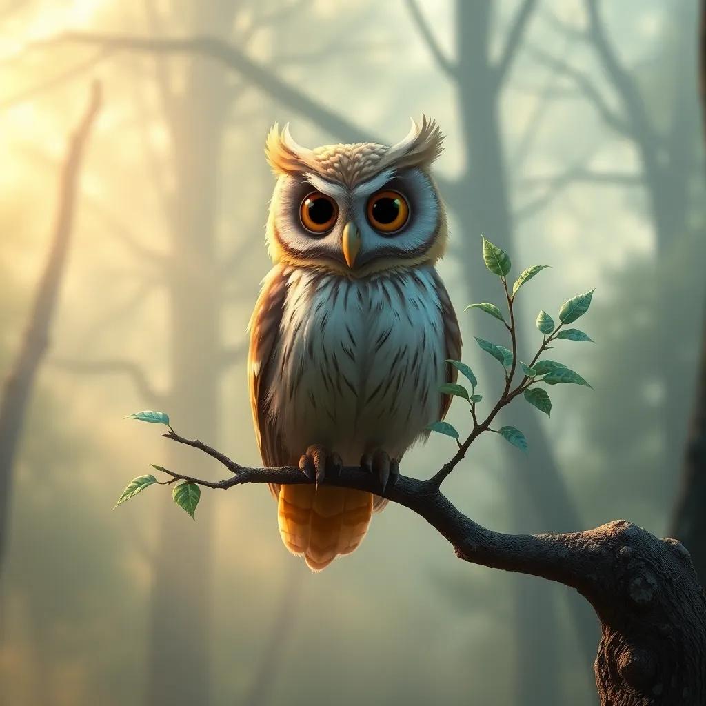 An old owl perched on a branch, with wise eyes, advising the small tree, a misty background of a forest, gentle colors, magical and peaceful, high quality