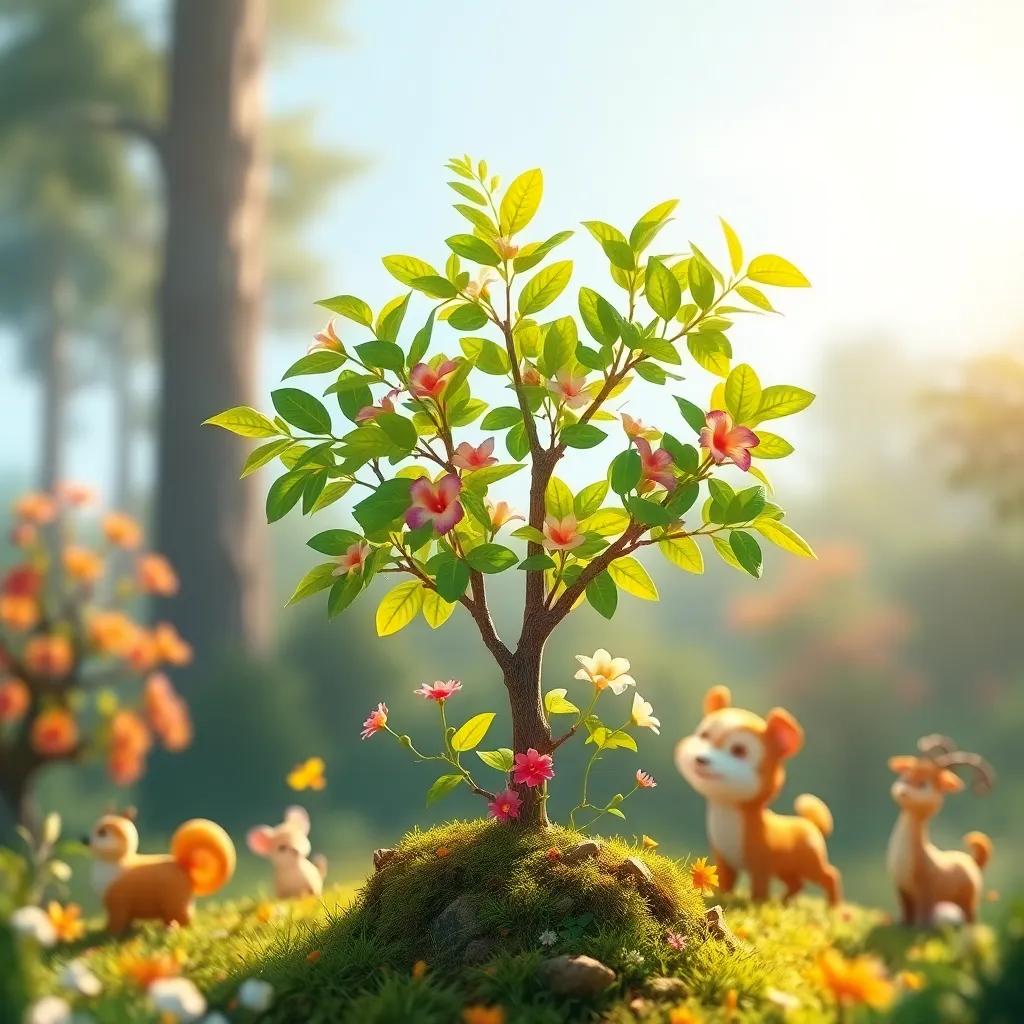 The small tree thriving with bright green leaves and colorful flowers, inspired forest animals surrounding it, warm sunlight illuminating the scene, joyful and vibrant, high quality