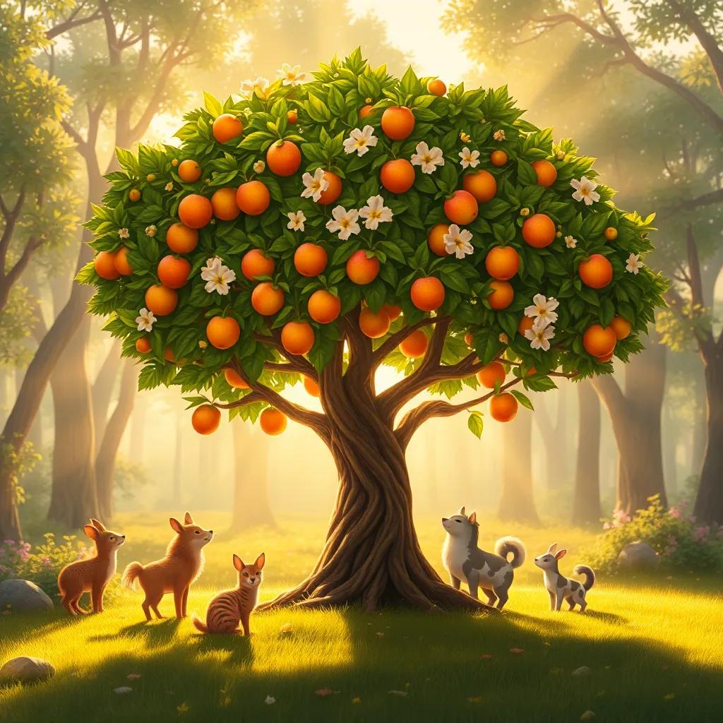 The small tree in a celebrated moment, filled with fruits and flowers, animals enjoying its shade, lovely forest setting with rays of sunset, warm glowing light, uplifting and heartwarming, high quality