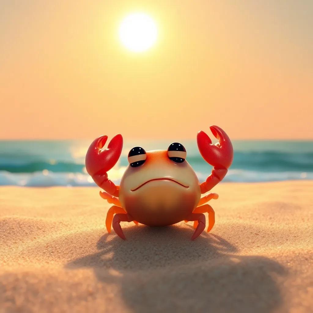 A small crab, a curious little crab, with a shiny shell, sitting on a sandy beach under a bright sun, looking sad, digital art, vibrant colors, warm atmosphere, high quality