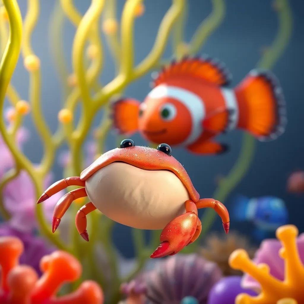 A small crab, a curious little crab, with a shiny shell, swimming with a clownfish, surrounded by seaweed and colorful shells, cheerful mood, bright colors, playful environment, high quality