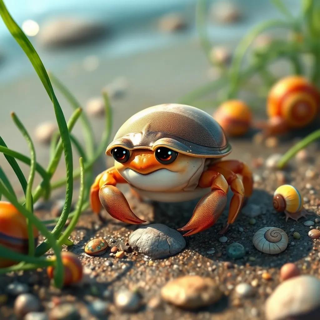 A small crab, a curious little crab, with a shiny shell, searching along the shore among green seaweed and colorful snails, determined expression, artistic style, rich colors, detailed scenery, high quality