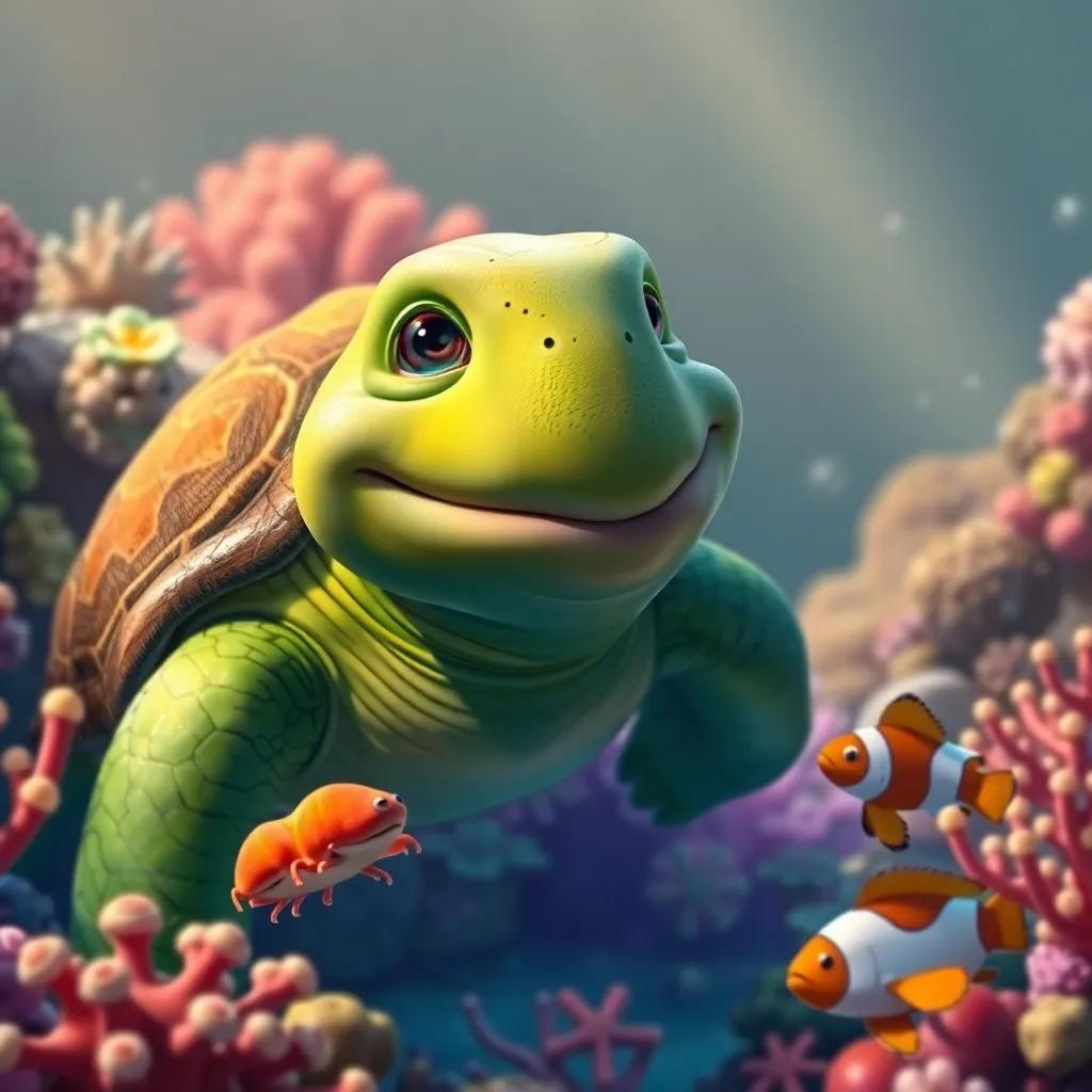 An old turtle, a wise turtle with green skin and a kind smile, surrounded by colorful corals and starfish, speaking to the crab and clownfish, serene environment, warm light, enchanting underwater scene, high quality