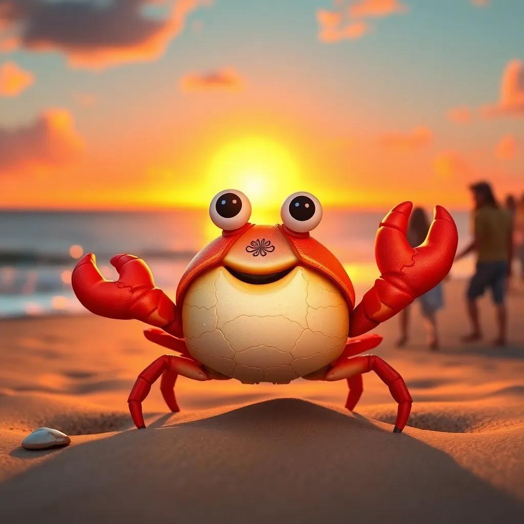 A small crab with a shiny shell, proudly showing it to friends on the beach, a beautiful sunset in the background, joyful celebration, warm colors, inviting atmosphere, high quality