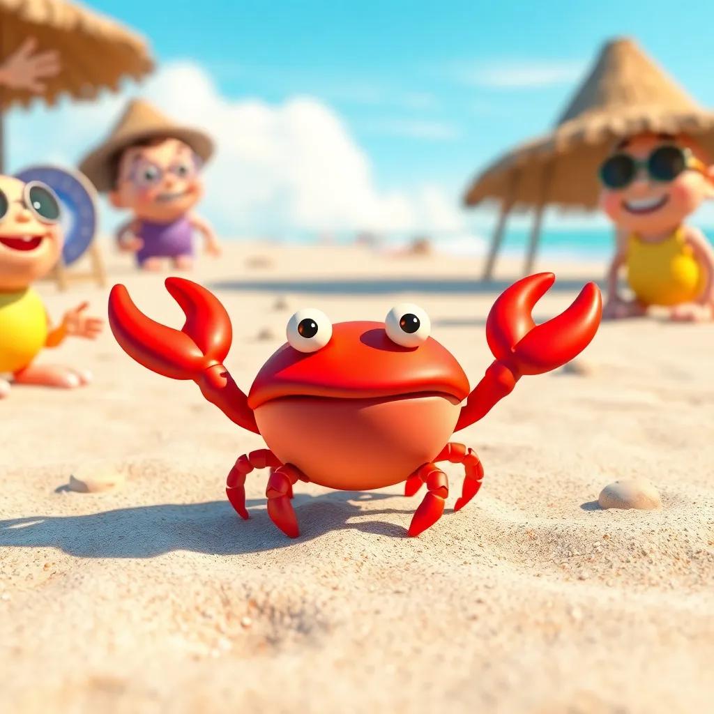 A small crab, proudly displaying its shiny shell on the sandy beach, surrounded by happy friends, all enjoying the sunny day, vibrant, cheerful atmosphere, bright colors, high quality