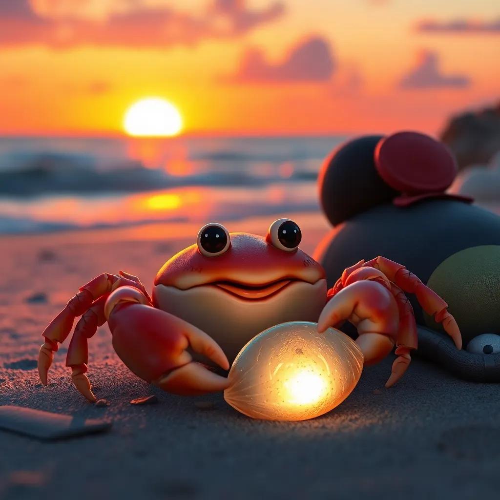 A small crab with a shiny shell, resting beside friends after the adventure, a beautiful sunset over the beach, warmth and friendship, heartwarming scene, rich colors, high quality