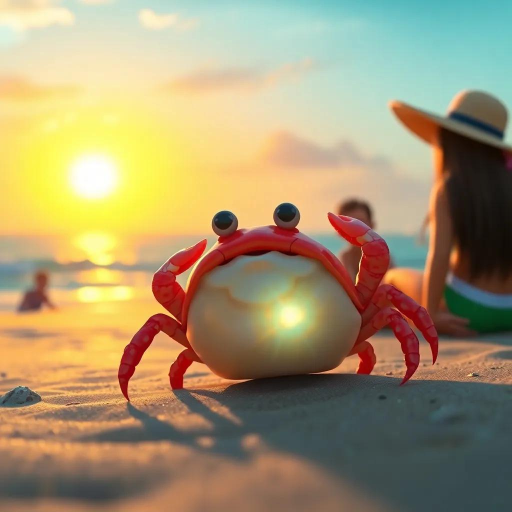 A small crab, shining shell, surrounded by friends, enjoying the beautiful sunset on the beach, reflecting on friendship and adventure, serene atmosphere, soft colors, high quality