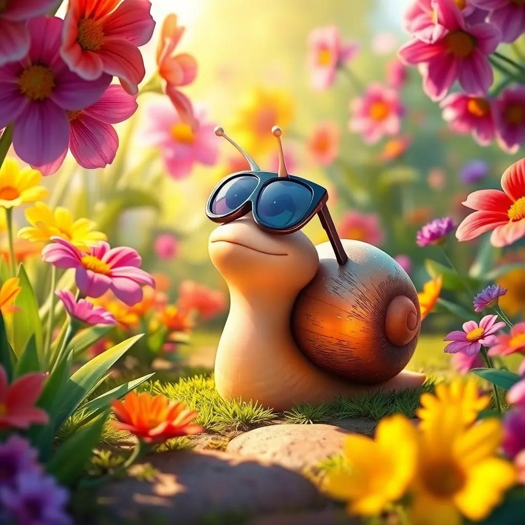 A small snail named Santi, with a shiny shell and sunglasses, dreaming under a colorful garden with vibrant flowers, digital art, cheerful, bright colors, engaging perspective, high quality