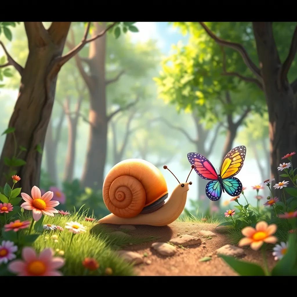 Santi, the small snail, exploring a bright and sunny forest, with trees and flowers around, accompanied by a colorful butterfly named Lila, joyful scene, detailed, vibrant colors, enchanting atmosphere