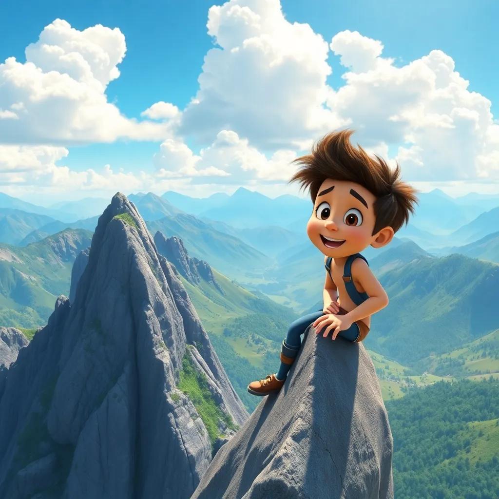 Santi climbing a tall mountain, looking excited, with a beautiful valley view in the background, bright sky and fluffy clouds, inspiring atmosphere, colorful landscape, vibrant details, high quality