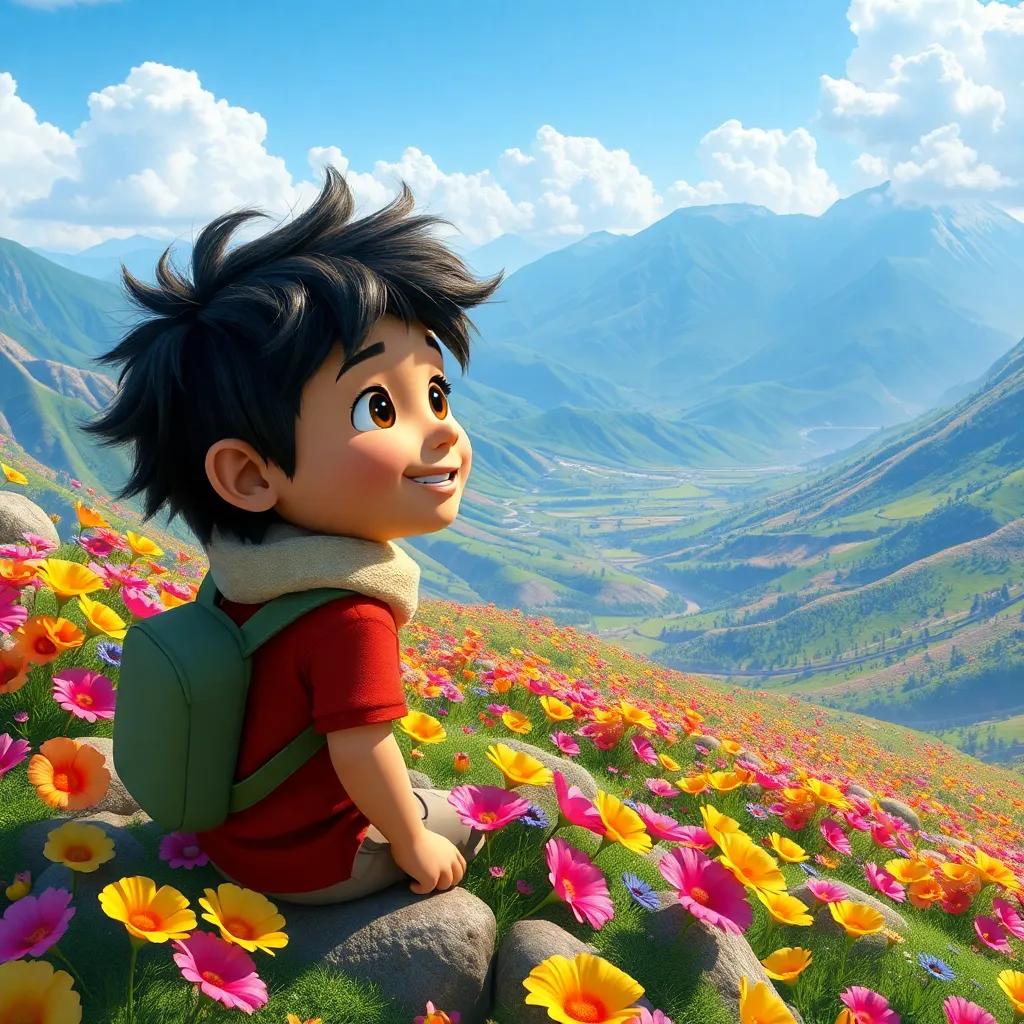 Santi at the top of the mountain, looking at a stunning valley filled with colorful flowers swaying in the wind, joyful discovery, bright and lively colors, detailed digital art