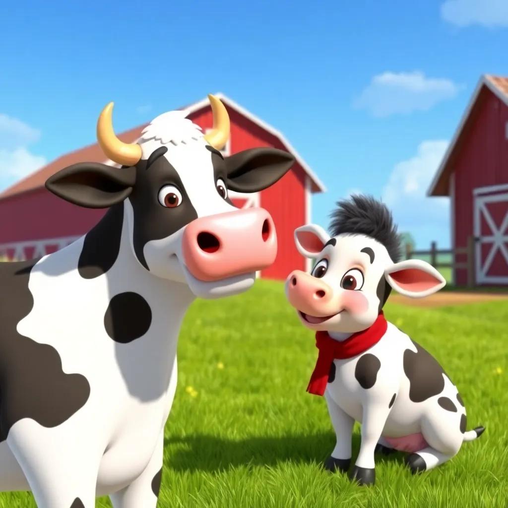 Santi meeting a friendly cow on the farm, with green grass, a red barn, and blue sky, cheerful interaction, colorful and inviting, child-friendly illustration