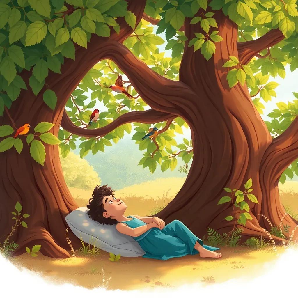 Santi resting under a giant tree with lush leaves, listening to singing birds in a peaceful atmosphere, tranquil scene, warm and inviting colors, high-quality illustration