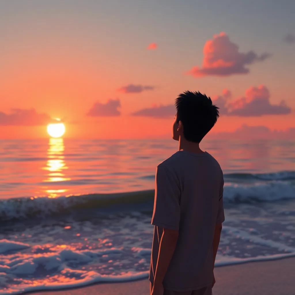 Santi at the seashore, looking out at the waves and a sunset on the horizon, feeling happy and fulfilled, vibrant colors of sunset reflecting on the water, warm light, digital art