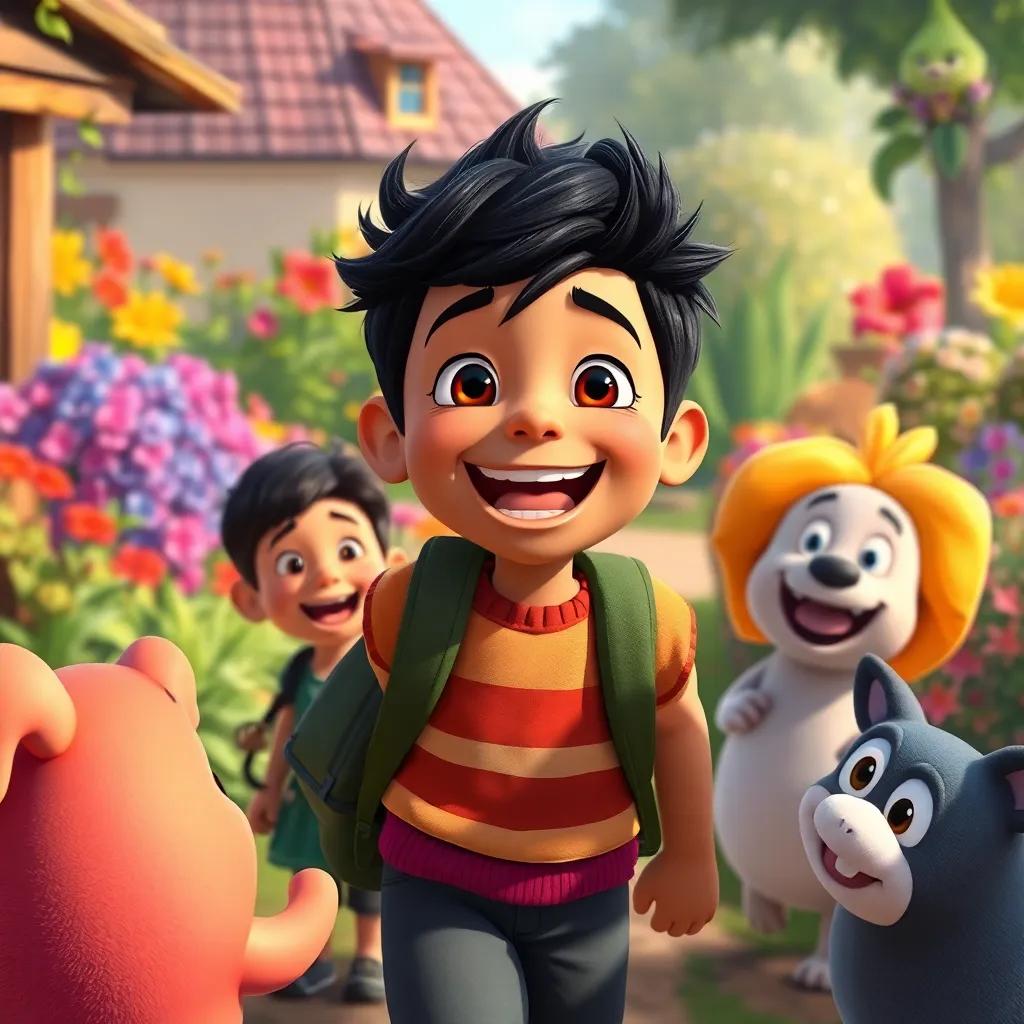 Santi excitedly returning home, surrounded by his friends who are eager to hear his stories, with a colorful garden behind, warm and joyful atmosphere, detailed digital painting, high quality