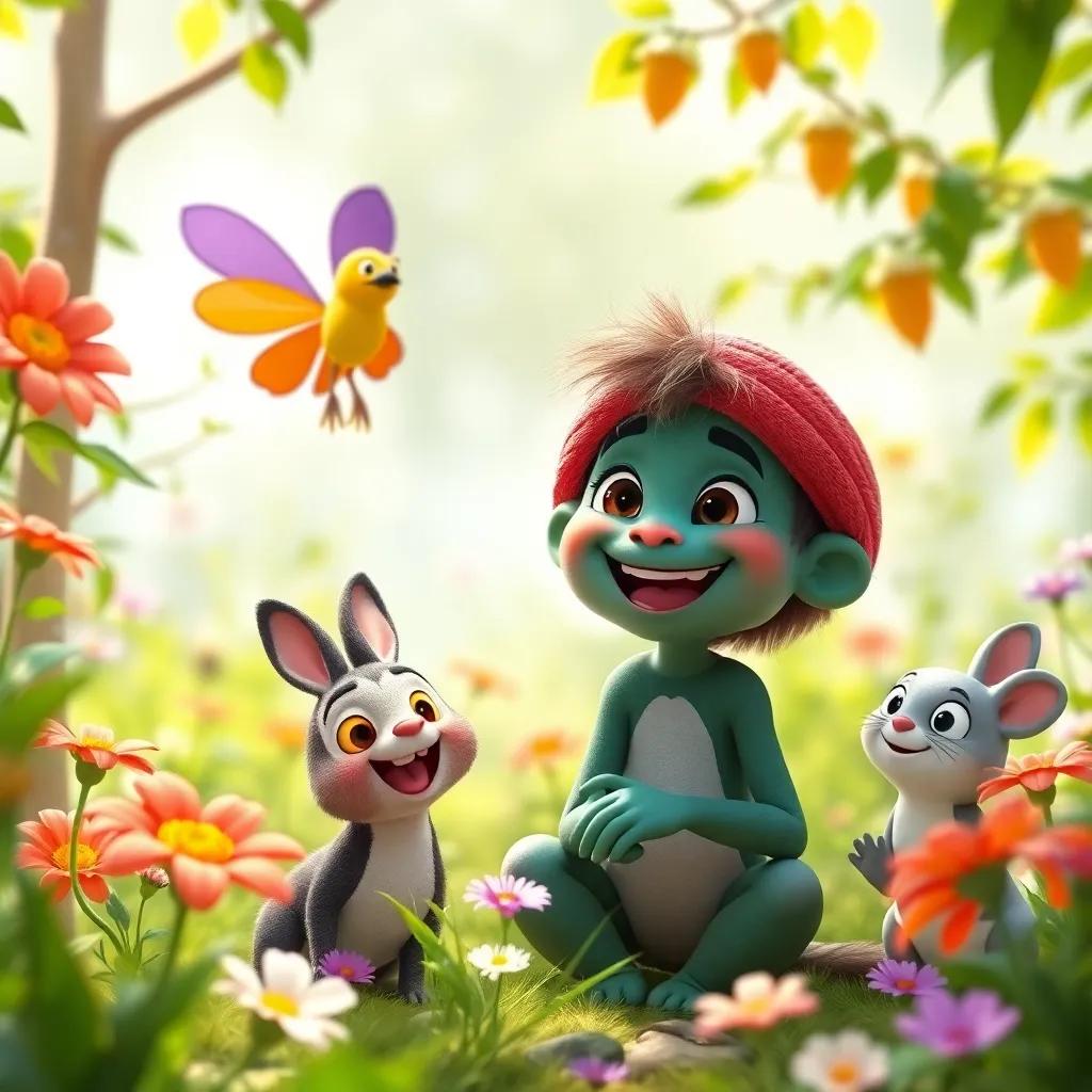 Santi sharing his adventures with his friends in the garden, smiling and animated, surrounded by flowers and greenery, bright colors, uplifting scene, high quality